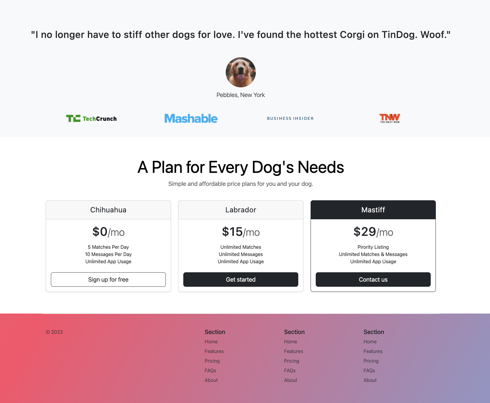 The TinDog plan page